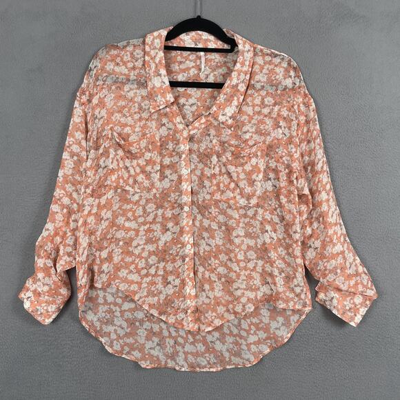 Free People Tops - Free People Shirt Womens Extra Small Orange Floral Sheer Button Up Long Sleeve